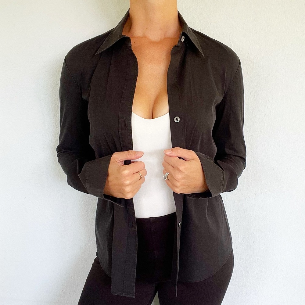 Theory Larissa Luxe black stretch cotton tailored button down shirt size medium